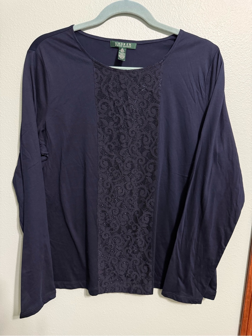 NWOT Lauren Ralph Lauren Navy Lace Panel Long Sleeve Top XL